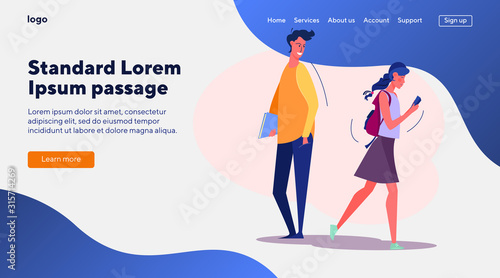 Student guy going to date girl. Teenagers, couple, acquaintance flat vector illustration. Dating, relationship, youth concept for banner, website design or landing web page