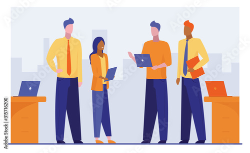 Four business people discussing project. Office staff sharing ideas flat vector illustration. Business meeting, conference, seminar concept for banner, website design or landing web page