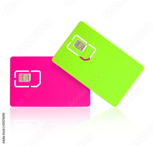 Plakat Two sim cards with reflection close up isolated on white background