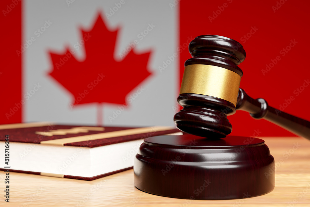 Close-up of the judge's hammer on a wooden table against the background of the Canadian flag, The concept of canadian legislation.3D rendering.
