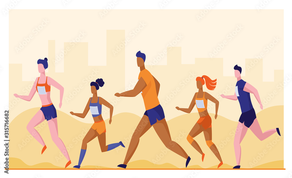 Group of sportsmen running marathon. People in sportswear jogging together flat vector illustration. Sport activities, competition concept for banner, website design or landing web page