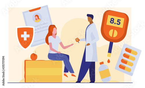 Doctor checking woman blood sugar level. Female patient sitting in endocrinologist cabinet flat vector illustration. Diabetes, health screening concept for banner, website design or landing web page
