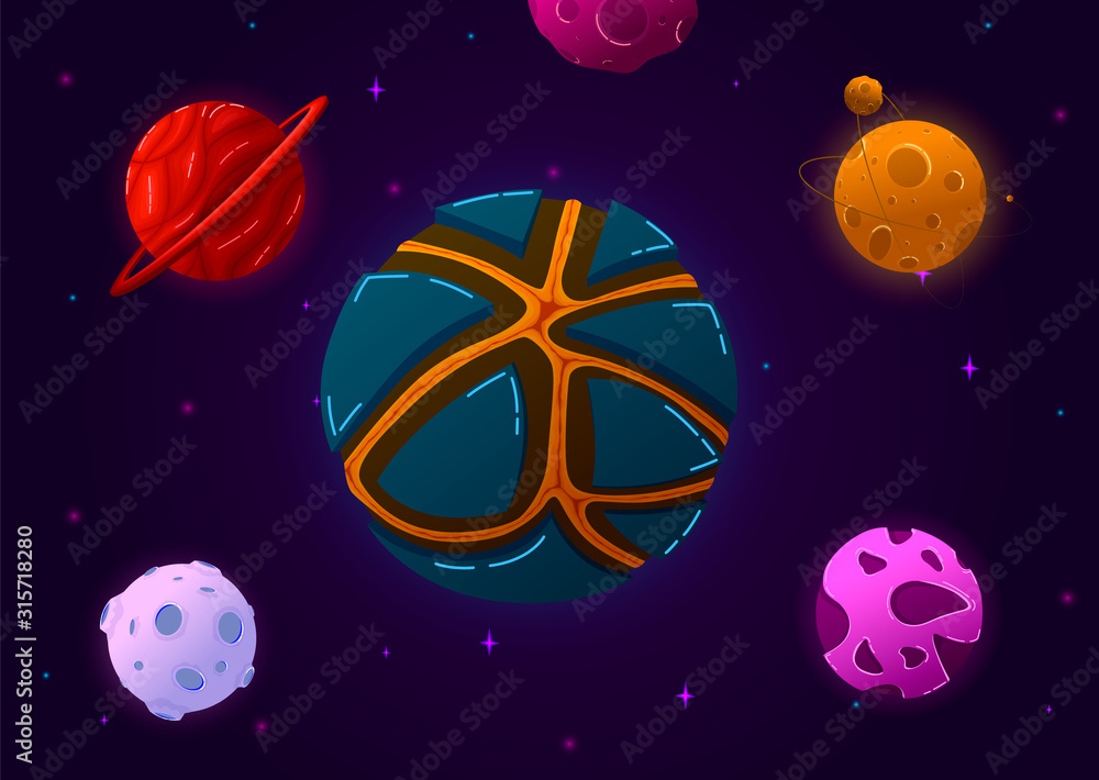 Colorful space elements set with comet and solar system.