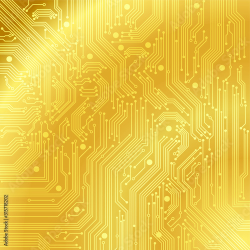 Circuit board in the form of a gold background. Golden texture