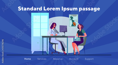 Pregnant woman discussing medical report with doctor. Female patient having appointment flat vector illustration. Pregnancy, maternity welfare concept for banner, website design or landing web page