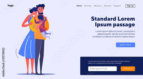 Happy wife embracing husband holding their child. Peaceful family standing together flat vector illustration. Family and parenting concept for banner, website design or landing web page