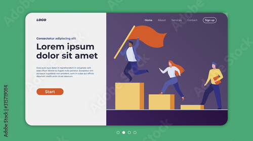 Businessman winning competition. Business team getting on podium, winner holding flag flat vector illustration. Leadership, teamwork, victory concept for banner, website design or landing web page