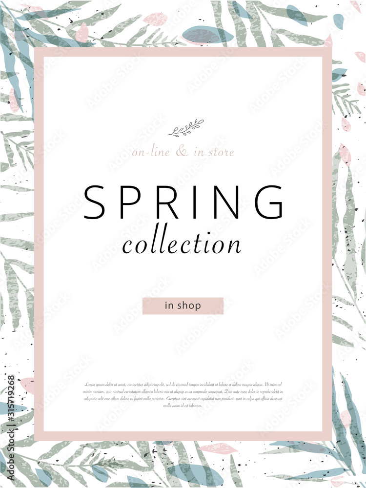 social media banner template for advertising spring arrivals collection or seasonal sales promotion. trendy hand drawn background textures and floral elements imitating watercolor paintings