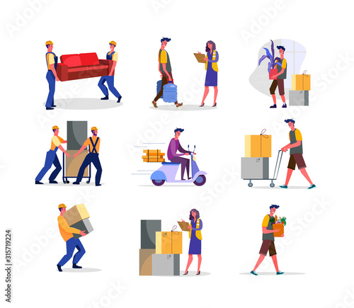 Set of workers delivering packages and objects. Flat vector illustrations of people receiving orders. Delivery services concept for banner, website design or landing web page