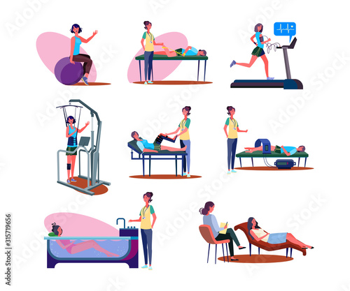 Set of people during medical procedures. Flat vector illustrations of people doing physical exercises. Physical and mental health care concept for banner, website design or landing web page