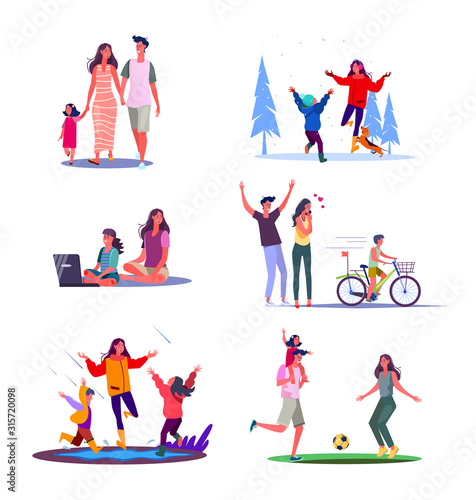 Set of families spending time together. Flat vector illustrations of parents with kids having fun. Family fun concept for banner, website design or landing web page