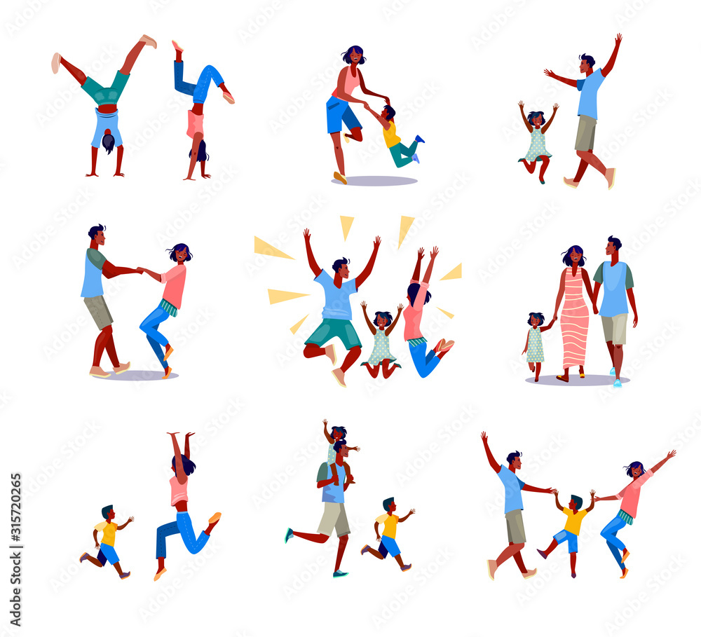 Set of happy parents and kids having fun together. Flat vector illustrations of family spending leisure time. Family and parenting activities concept for banner, website design or landing web page