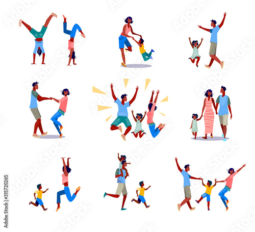 Set of happy parents and kids having fun together. Flat vector illustrations of family spending leisure time. Family and parenting activities concept for banner, website design or landing web page