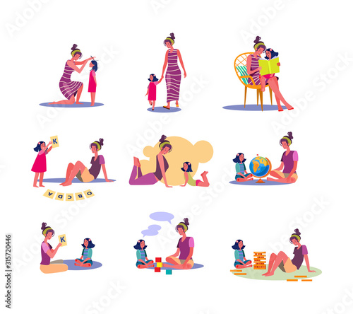 Set of mother spending time with daughter. Flat vector illustrations of parent playing, reading, teaching child. Family leisure concept for banner, website design or landing web page