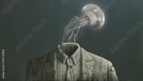 Fototapeta Naklejka Na Ścianę i Meble -  Broken busuness suit sculpture with floating jellyfish, surreal painting