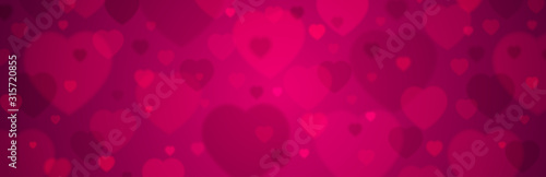 Pink banner with valentines hearts. Valentines greeting banner. Horizontal holiday background, headers, posters, cards, website. Vector illustration