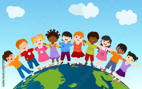 Earth globe with group of multiethnic and diverse children standing together and embracing each other. Community. Multicultural kindergarten.Diversity and culture. Unity and friendship