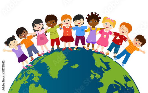Earth globe with group of multiethnic and diverse children standing together and embracing each other. Diversity and culture. Unity and friendship. Community. Multicultural kindergarten
