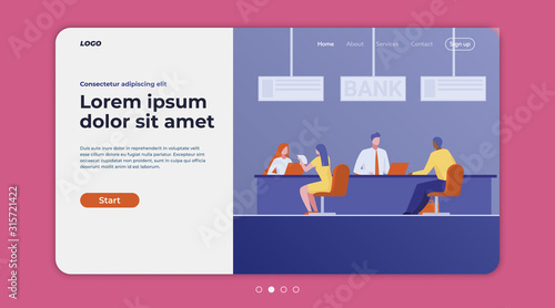 Bank consultants talking to clients. Customers consulting credit managers in department flat vector illustration. Finance, loan, deposit concept for banner, website design or landing web page