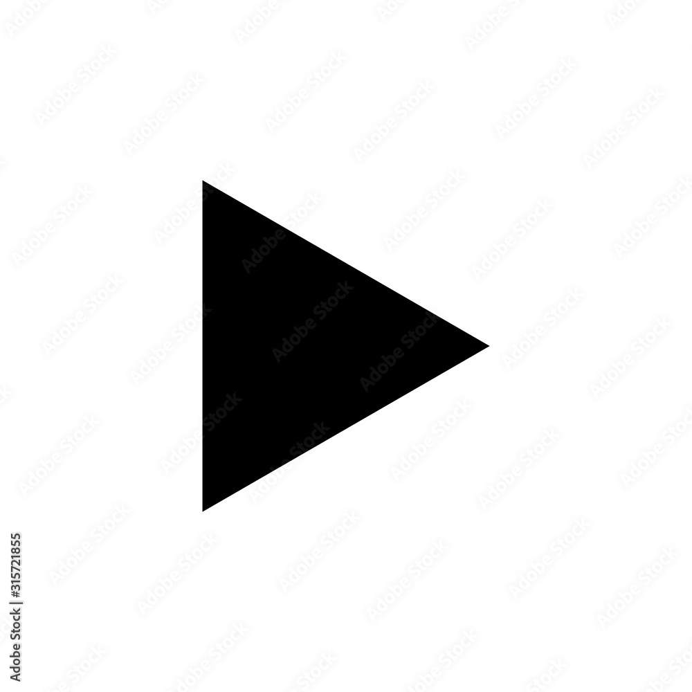 Black arrow icon isolated on a white background.Black triangle.Play button. Black arrow icon isolated on a white background.Black triangle.Play button.