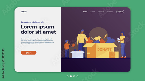 Family donating clothes and toys. Parents and kid packing donation box people flat vector illustration. Charity, second hand, assistance concept for banner, website design or landing web page