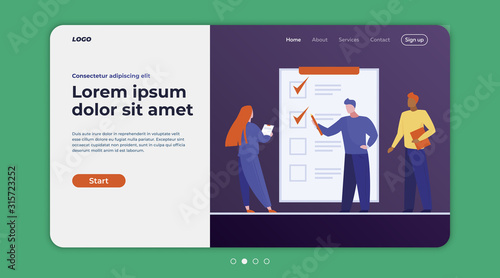 Client leaving feedback. People filling up survey form flat vector illustration. Customer satisfaction, quality, poll concept for banner, website design or landing web page