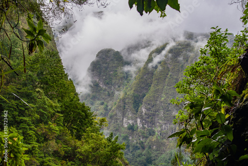 Mountain landscape, view from the hiking path of the Lavado do Caldeirao Verde on the island of Madeira, Portugal.