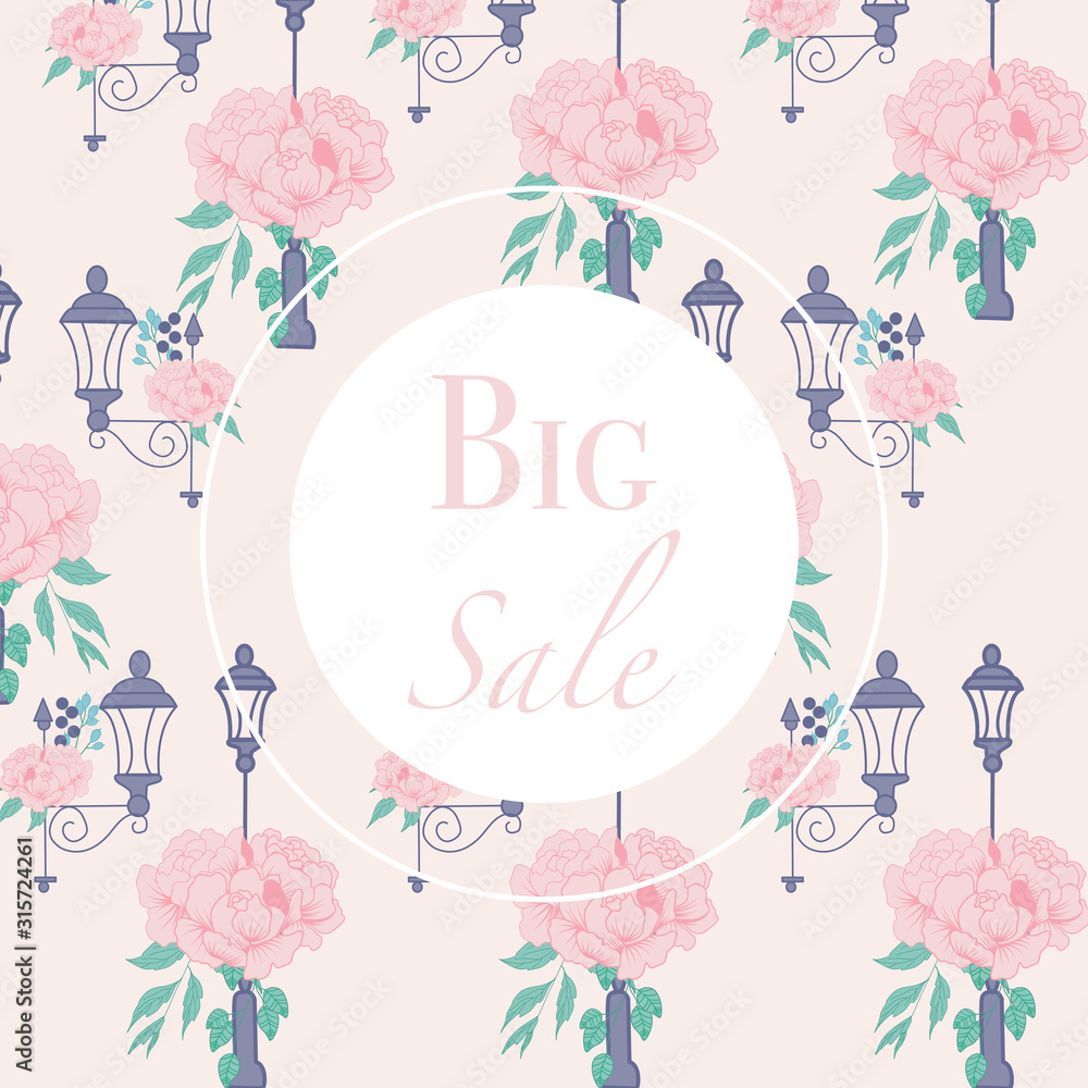 Sale ad banner with pink peonies and lamps
