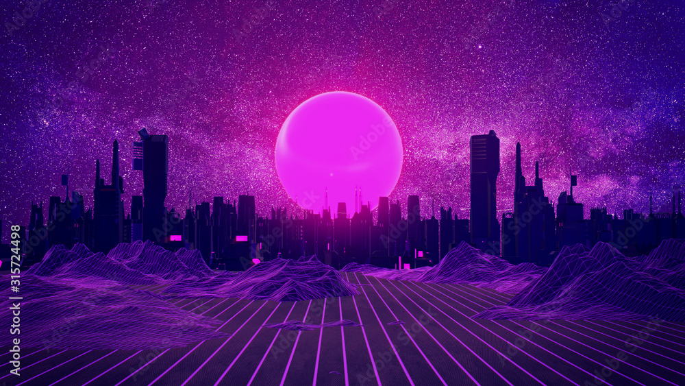 Retro City Skyline Neon Glowing Sun And Starry Sky Synthwave Retrowave Vaporwave Background 3d Illustration Stock Illustration Adobe Stock