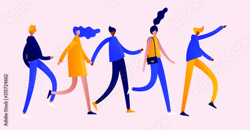 Happy people walking follow one man. Best Friends concept. People character vector illustration flat design