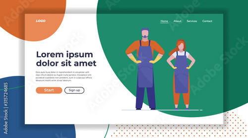 Couple of crafts people. Craftsman and woman in dark aprons and protective gloves flat vector illustration. Handyman, manufacturing, handcraft concept for banner, website design or landing web page