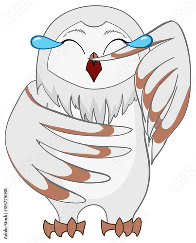White barn owl laughing out loud in cartoon vector isolated background