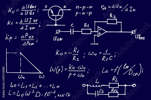 Physics, electronic engineering, mathematics equation and calculations, endless hand writing. Vector blueprint. Education background.