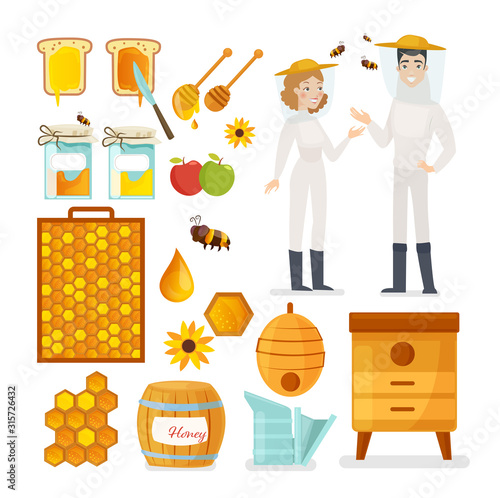 Apiarists, bees and honey flat vector illustrations set