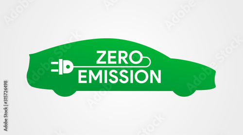 Zero emission icon. Electric car logo. Green eco car with plug. Charging station. No fuel auto. Vector illustration