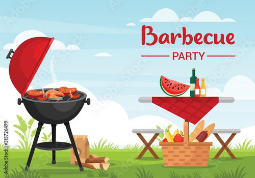 Barbeque party outdoors colorful flat vector illustration