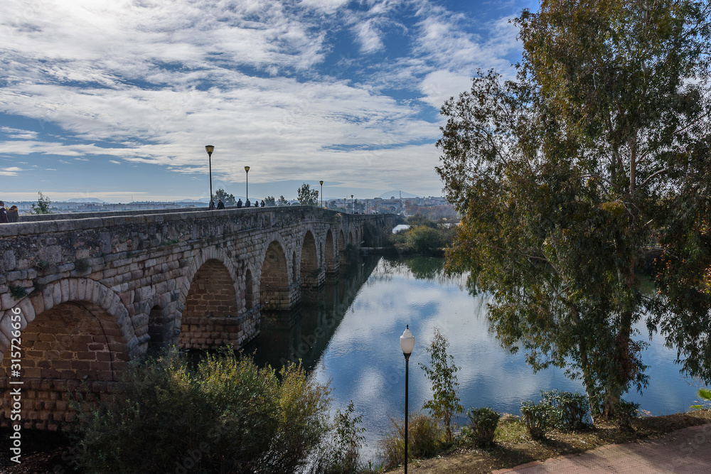 Fototapeta premium old access bridge to the city of merida in spain