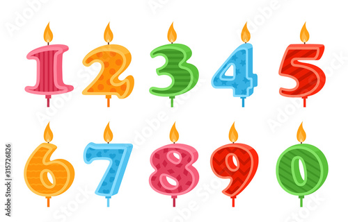 Candles numbers colorful flat vector illustrations set.