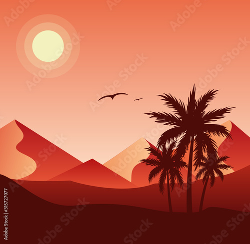 Sunset in desert colorful flat vector illustration