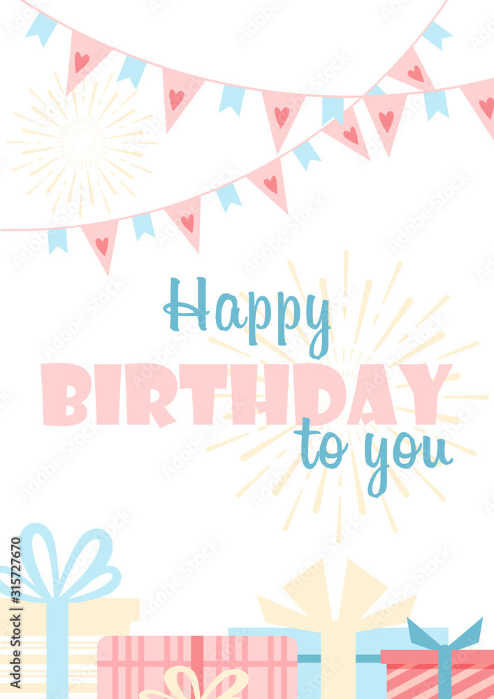 Obraz premium Happy Birthday to you greeting card flat vector template