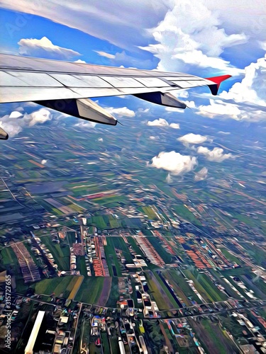 Scenery from window looking at Airplane wing with blue sky and clouds. Top view scenery showing city landscape perfect natural river, green forest on mountain at Laos. Travel Transportation concept.