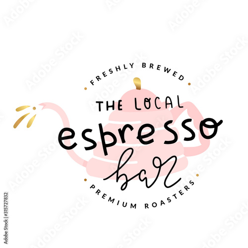 Logo template for coffee shop or espresso bar, modern simple design, isolated vector illustration, handwritten lettering, pre-made label for cafeteria.