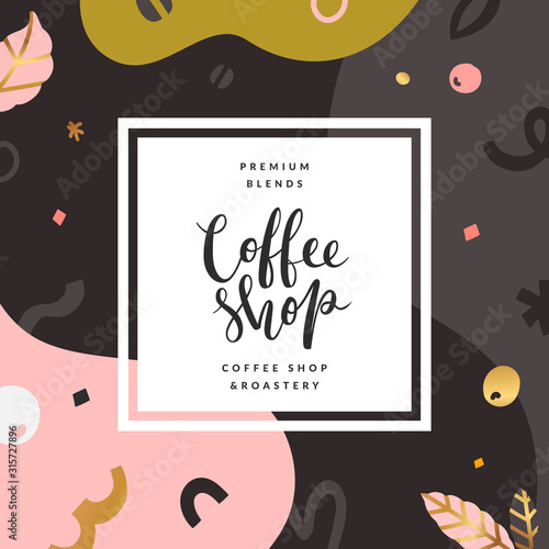 Abstract coffee background, page template with copy space, handwritten lettering. Vector banner decorated with doodles and shapes. Modern simple design, good as menu cover, signboard or poster