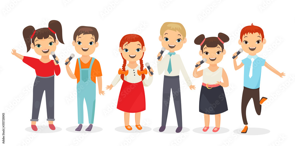 Kids singing song flat vector illustrations set Kids singing song flat vector illustrations set