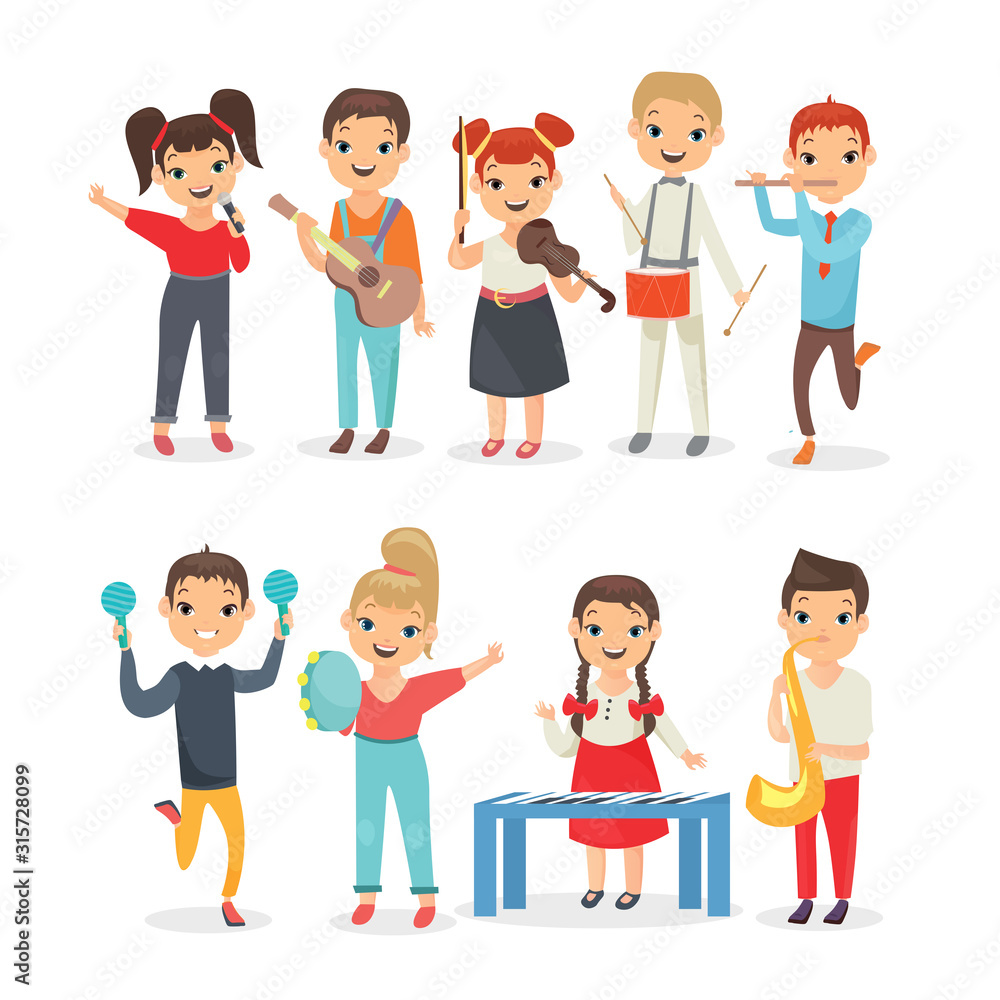 Kids playing musical instruments flat vector illustrations set Kids playing musical instruments flat vector illustrations set
