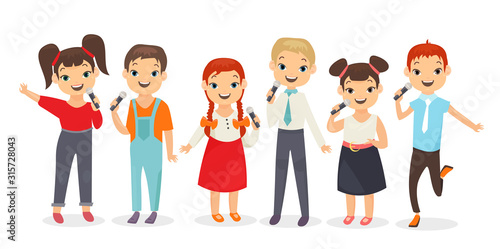 Kids singing song flat vector illustrations set