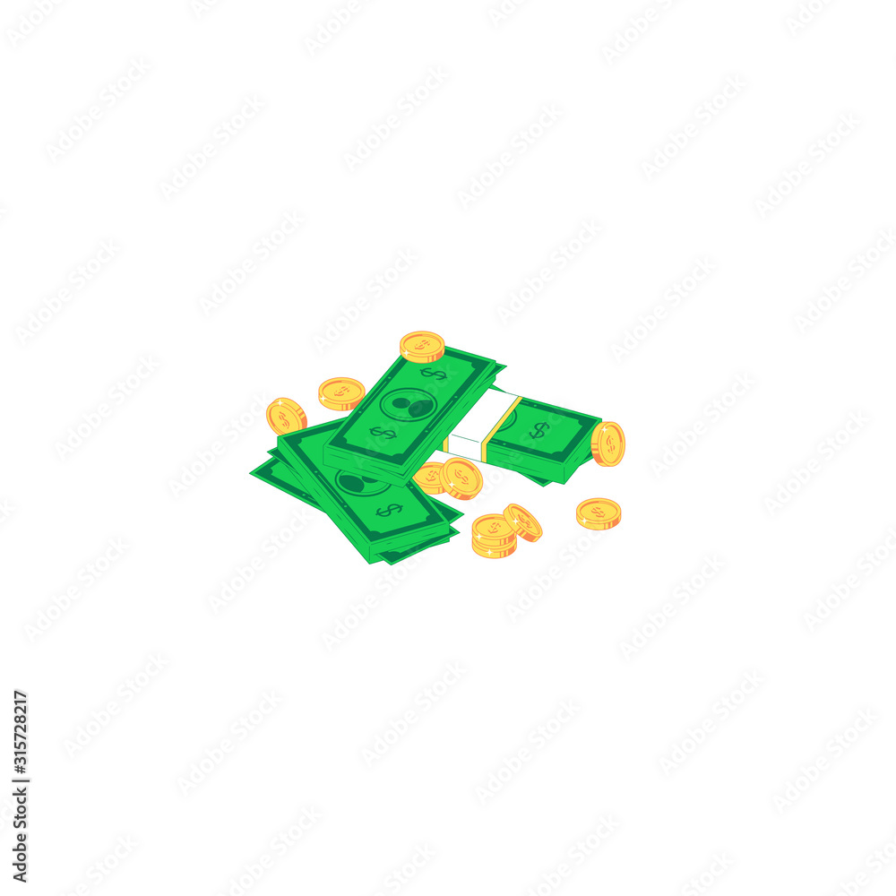 Isometric money heap. Vector illustration of set of stack of green banknotes and golden coins Isometric money heap. Vector illustration of set of stack of green banknotes and golden coins