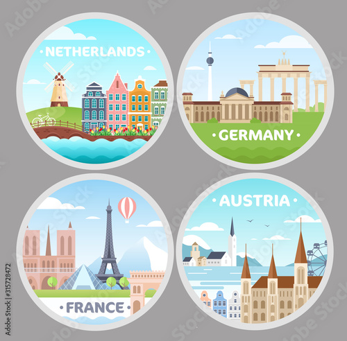 European countries magnets flat vector illustrations set