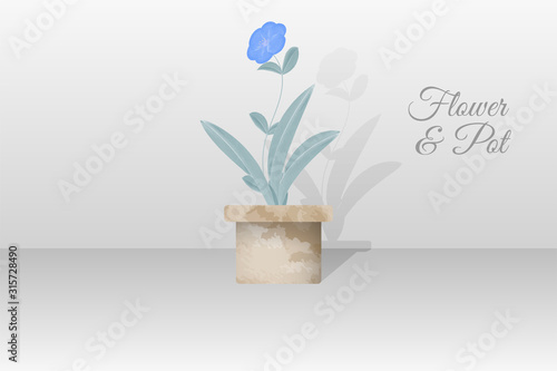 blue flower and pot watercolor hand drawn. simple elegant design for wallpaper, card, wedding. vector EPS 10
