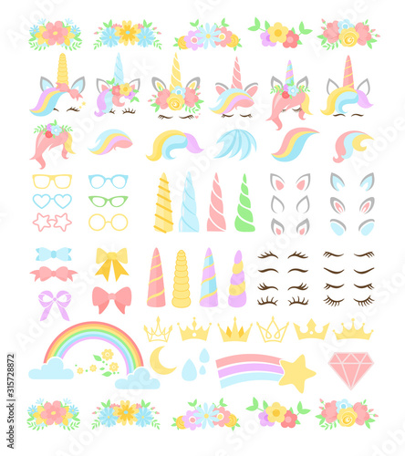 Unicorn flat vector constructor kit illustrations set